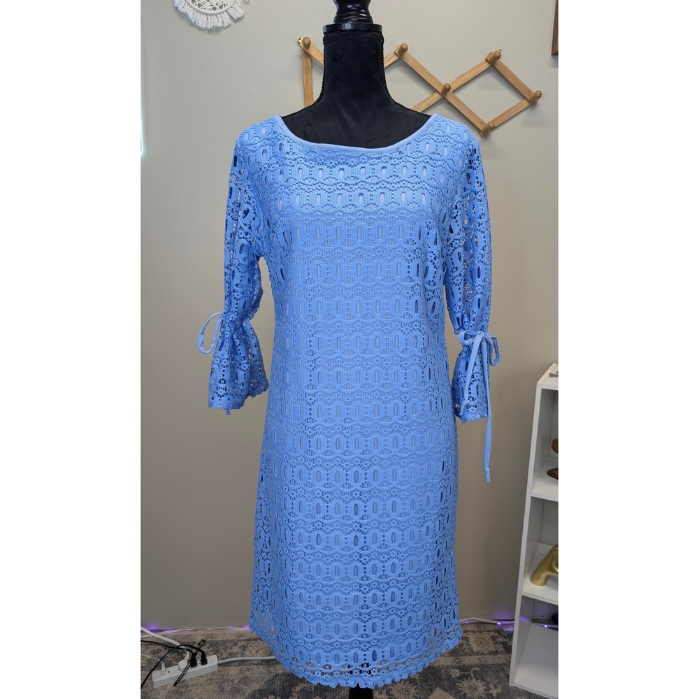 Karin Stevens Womens Blue Eyelet Lace Sheath Dress Tie Sleeve Size 12